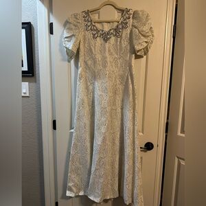 Silver Sequin Embellished Gown with Puff Cap Sleeves
